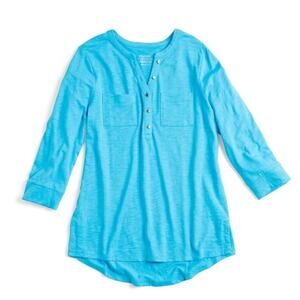 Chico’s turquoise blue Cotton-Blend Slub Henley Tee breathable cotton spring XL